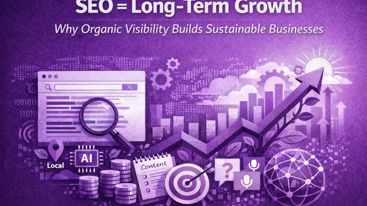 SEO long-term growth illustration with AI, local search, content, and upward graph in purple and white.