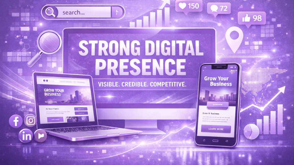 Strong digital presence illustration in light purple and white showing a business website on desktop and mobile with search visibility, analytics growth, and online credibility signals